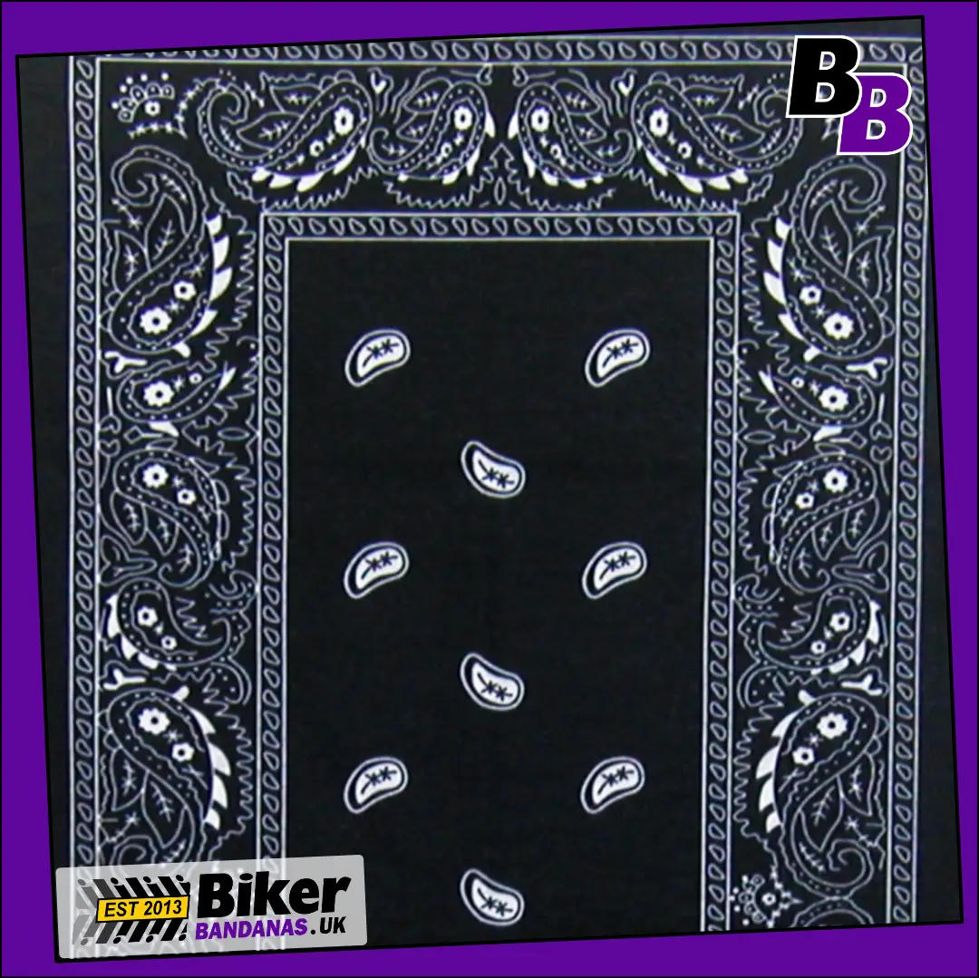Closeup photo of Black Paisley Border Panel Neck Tube Bandana / Face Mask / Neck Gaiter