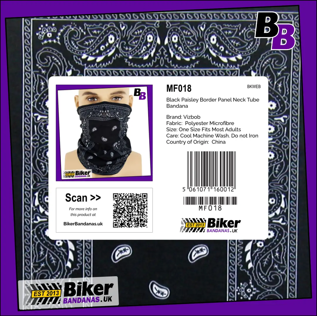 Retail Packaging photo of Black Paisley Border Panel Neck Tube Bandana / Face Mask / Neck Gaiter