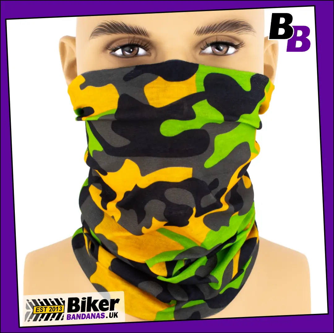 Classic Green and Yellow Camouflage Neck Tube Bandana / Face Mask / Neck Gaiter