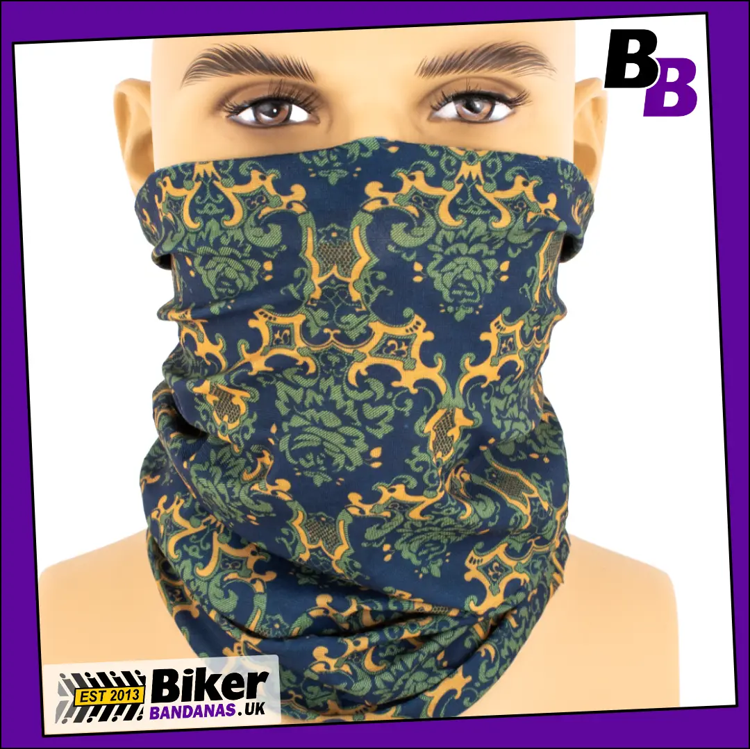 Navy and Beige Jacquard Damask Neck Tube Bandana / Face Mask / Neck Gaiter