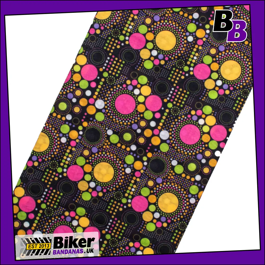 Fabric photo of Multicoloured Spots on Black Neck Tube Bandana / Face Mask / Neck Gaiter