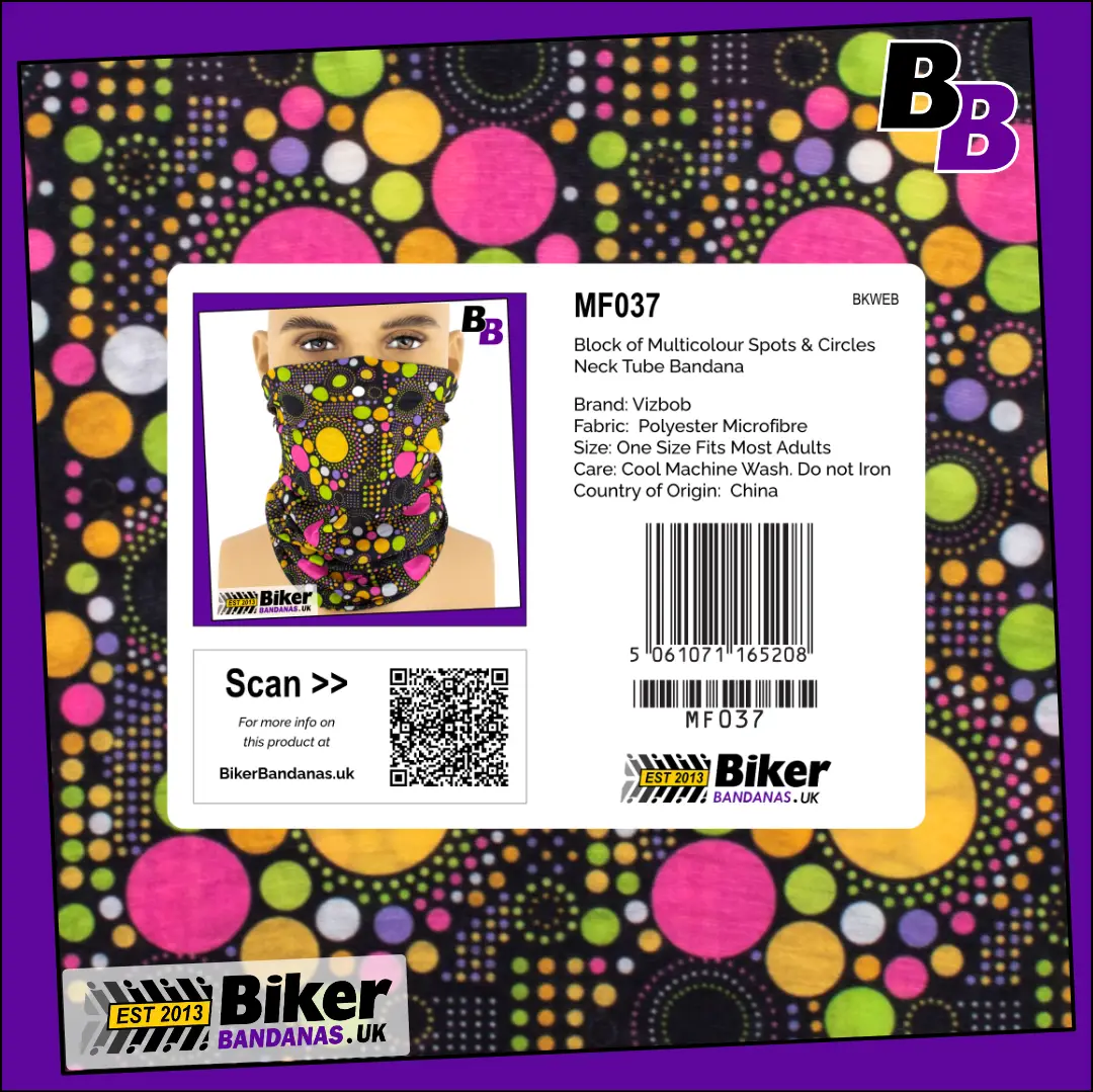 Retail Packaging photo of Multicoloured Spots on Black Neck Tube Bandana / Face Mask / Neck Gaiter