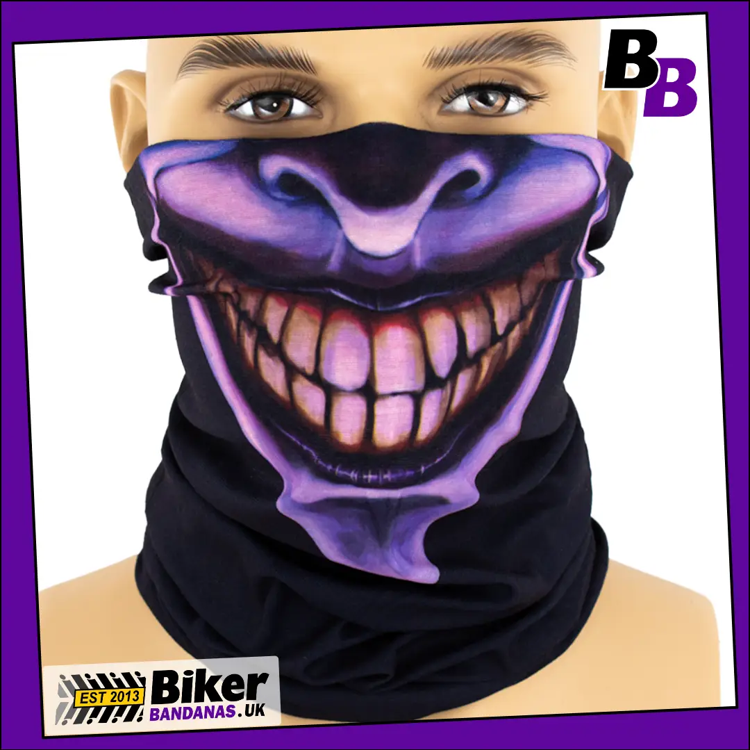 Grinning Purple Face on Black Neck Tube Bandana / Face Mask / Neck Gaiter