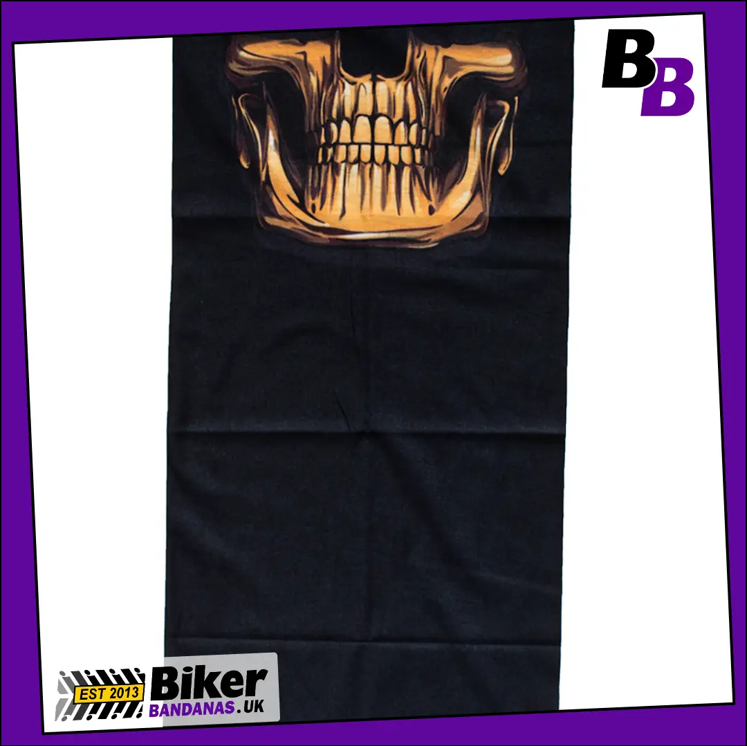 Fabric photo of Gold Skull Jaw Face on Black Neck Tube Bandana / Multifunctional Headwear