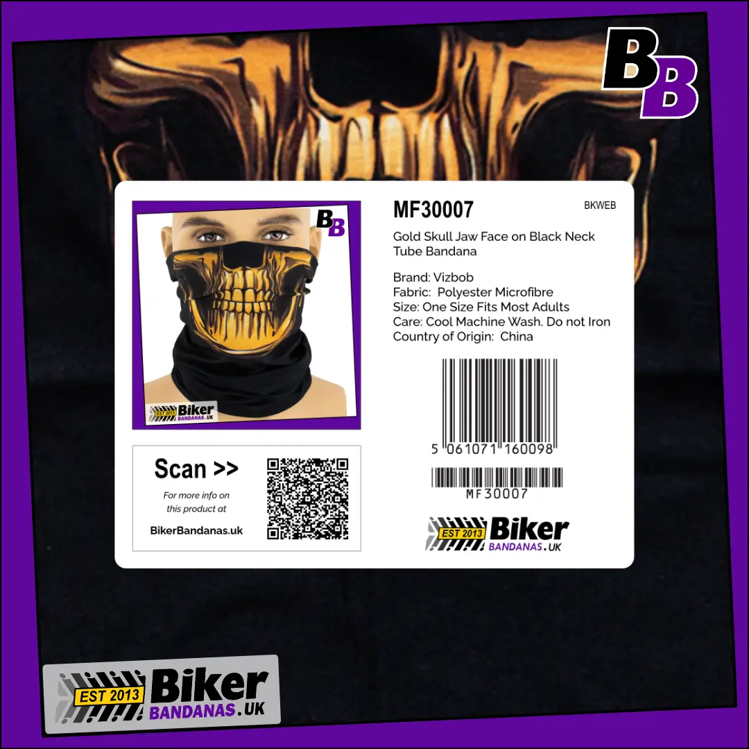 Retail Packaging photo of Gold Skull Jaw Face on Black Neck Tube Bandana / Neck Gaiter / Multifunctional Headwear / Neck Warmer