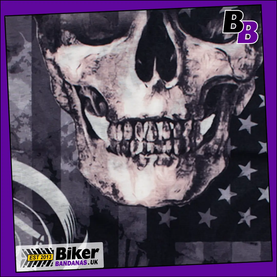 Closeup photo of Lifesize skull Jaw Face on Greyscale american Stars and Stripes Flag Neck Tube Bandana / Neck Gaiter / Multifunctional Headwear / Neck Warmer