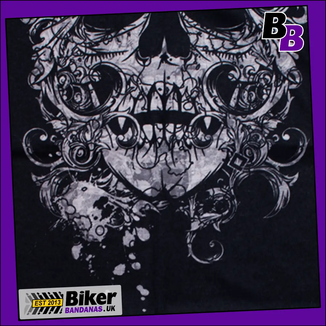 Closeup photo of Lifesize Grey and White Ornate Skull Jaw Face on Black Neck Tube Bandana / Neck Gaiter / Multifunctional Headwear / Neck Warmer