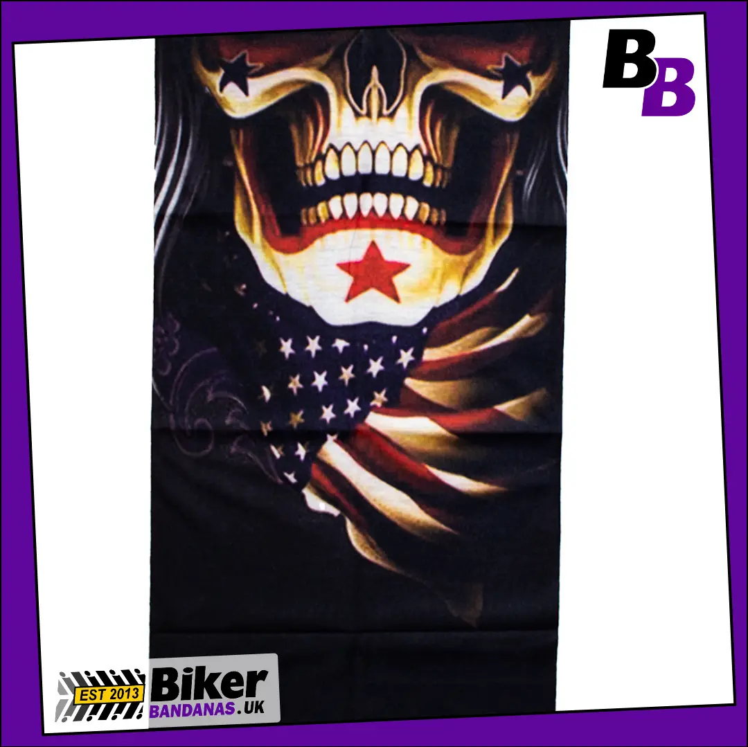 Fabric photo of Lifesize Skull Jaw Face wearing Stars and Stripes Flag Bandana on Black Neck Tube Bandana / Multifunctional Headwear