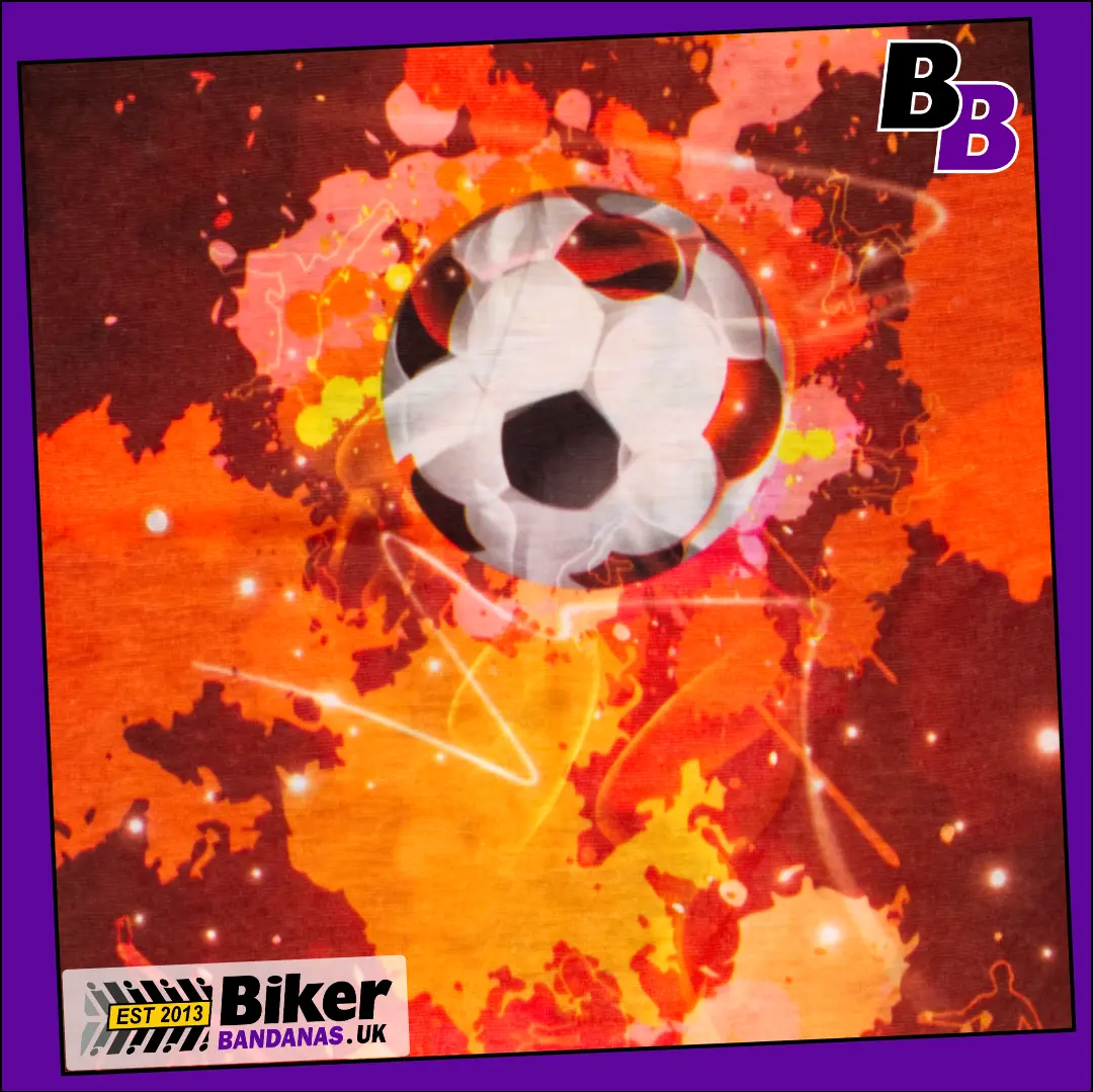 Closeup photo of Black and White Footballs on Brown Paint Splattered Neck Tube Bandana / Neck Gaiter / Multifunctional Headwear / Neck Warmer