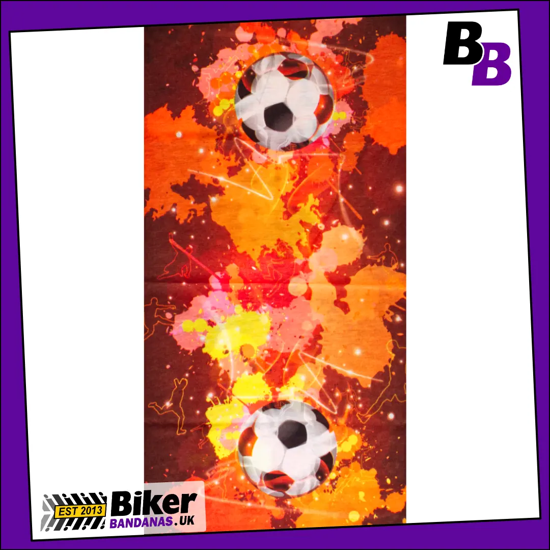 Fabric photo of Black and White Footballs on Brown Paint Splattered Neck Tube Bandana / Multifunctional Headwear