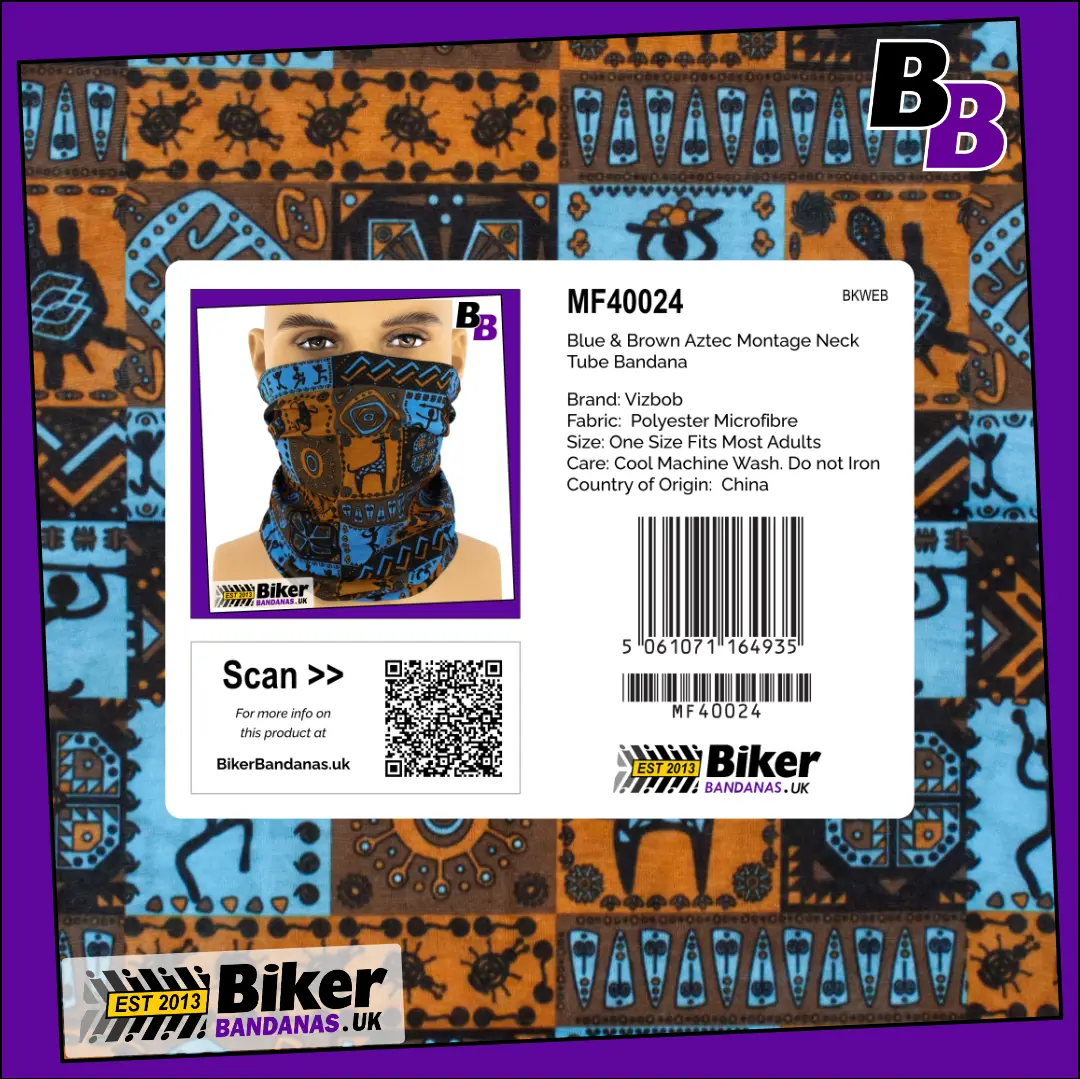 Retail Packaging photo of Blue and Brown Aztec Montage Neck Tube Bandana / Neck Gaiter / Multifunctional Headwear / Neck Warmer