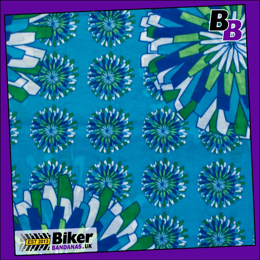 Closeup photo of Blue Green and White Abstract Floral Flowers on Turquoise Neck Tube Bandana / Neck Gaiter / Multifunctional Headwear / Neck Warmer