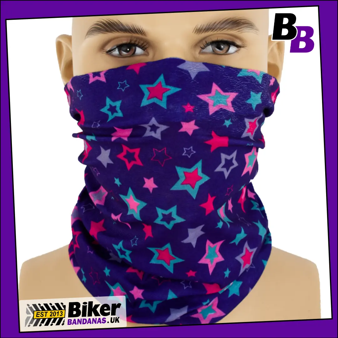 BUDGET Turquoise Red Lilac Pink Stars on Dark Blue Neck Tube Bandana / Face Mask / Neck Gaiter