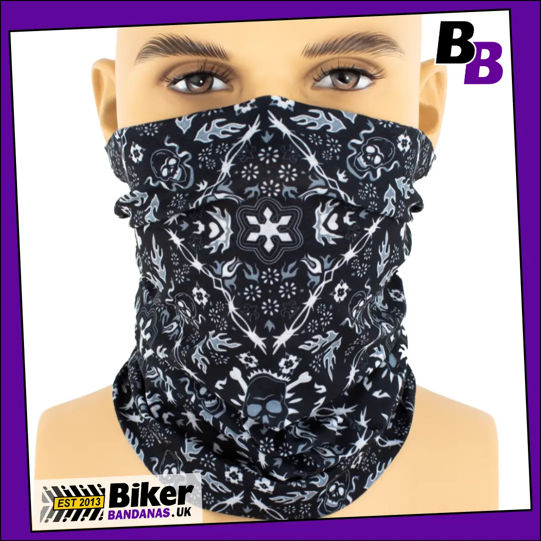 Skull and Bones Tribal Panel on Black Neck Tube Bandana / Face Mask / Neck Gaiter