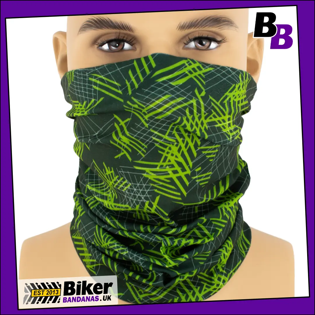 Bottle Green and Lime Green Hatch Neck Tube Bandana / Multifunctional Headwear