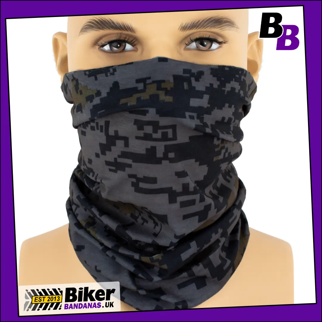 Black Grey and Khaki Pixelated Camouflage Neck Tube Bandana / Face Mask / Neck Gaiter