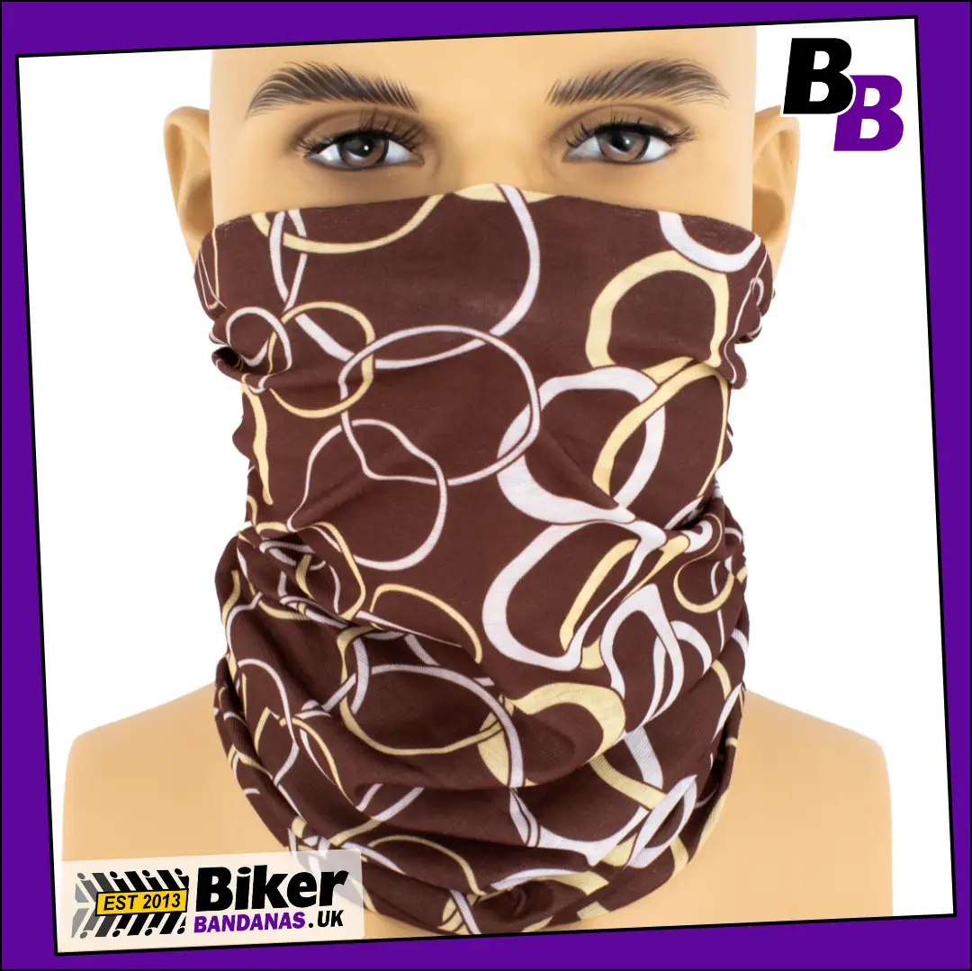 Brown with Beige and White Linking Loops Neck Tube Bandana / Face Mask / Neck Gaiter