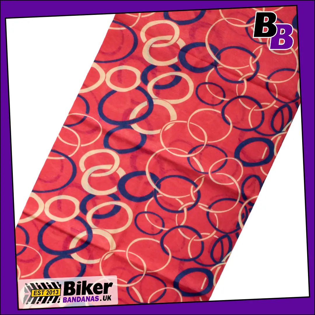 Fabric photo of Rose Red with Blue and Cream Linking Chain Loops Neck Tube / Multifunctional Headwear / Neck Warmer