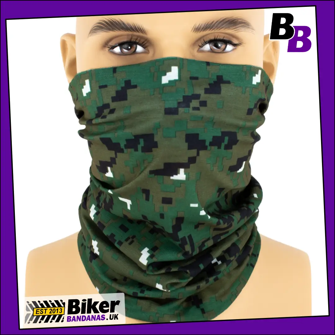 Green Khaki and Black Pixelated Camouflage Neck Tube Bandana / Face Mask / Neck Gaiter