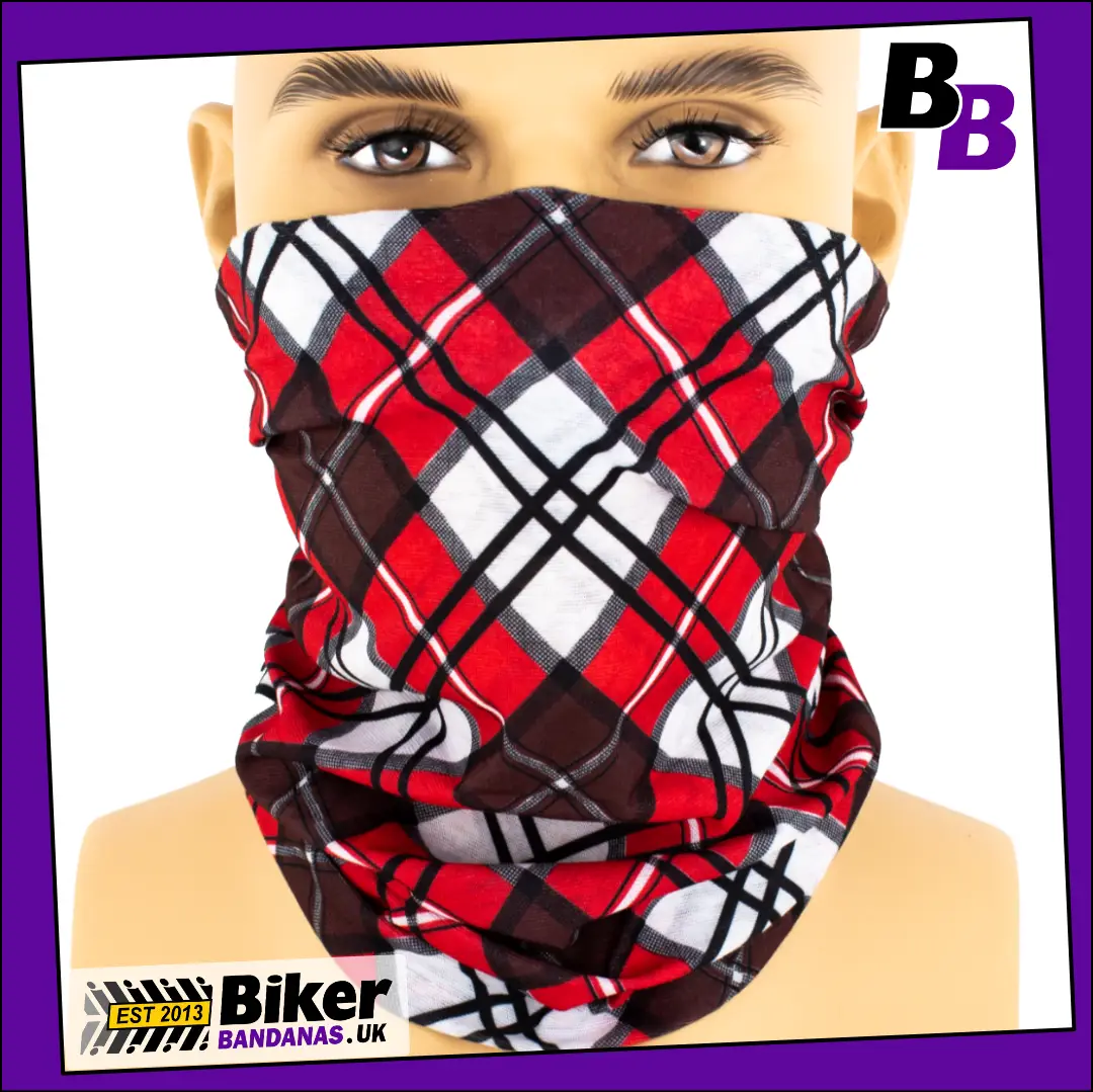 Red and Burgundy Tartan Check Plaid Neck Tube Bandana / Face Mask / Neck Gaiter