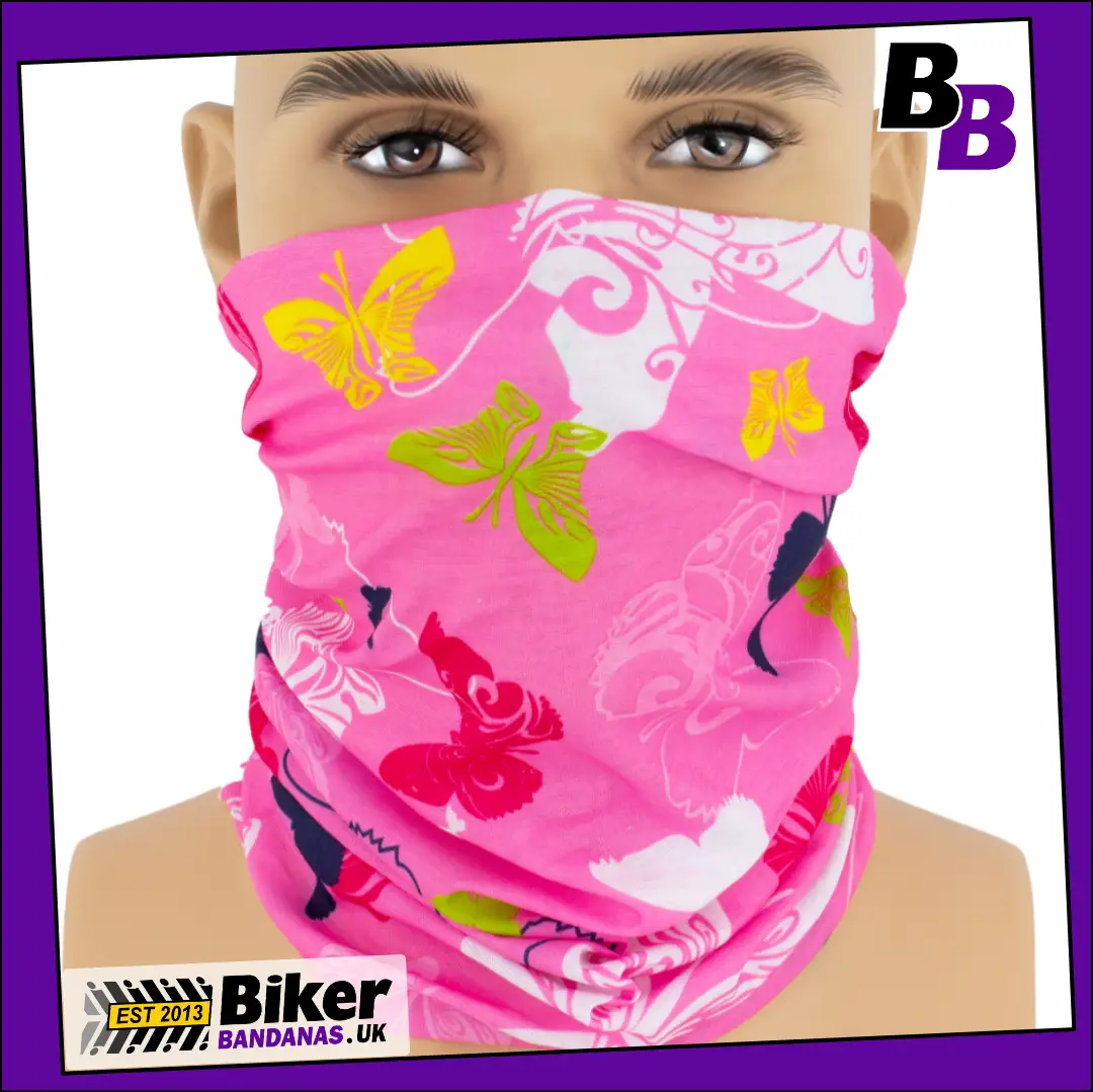 Butterflies on Pink Neck Tube Bandana / Face Mask / Neck Gaiter