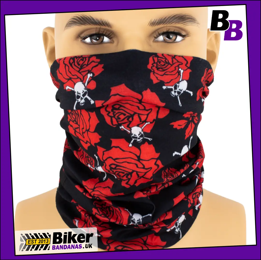 Skulls and Red Roses Neck Tube Bandana / Face Mask / Neck Gaiter