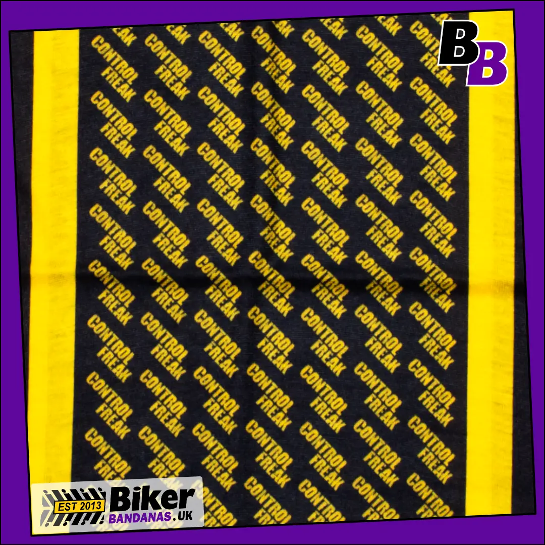 Closeup photo of Yellow Control Freak on Black Neck Tube Bandana / Neck Gaiter / Multifunctional Headwear / Neck Warmer