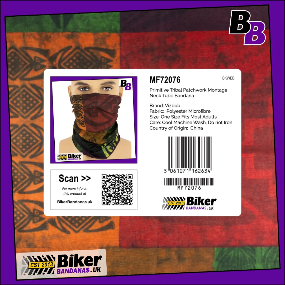 Retail packaging photo of Tribal Patchwork Montage Neck Tube Bandana / Neck Gaiter / Multifunctional Headwear / Neck Warmer