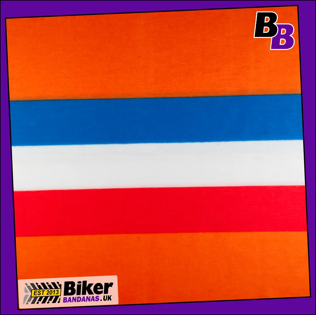 Closeup photo of Red White Blue Band on Orange Neck Tube Bandana / Neck Gaiter / Face Mask / Multifunctional Headwear / Neck Warmer