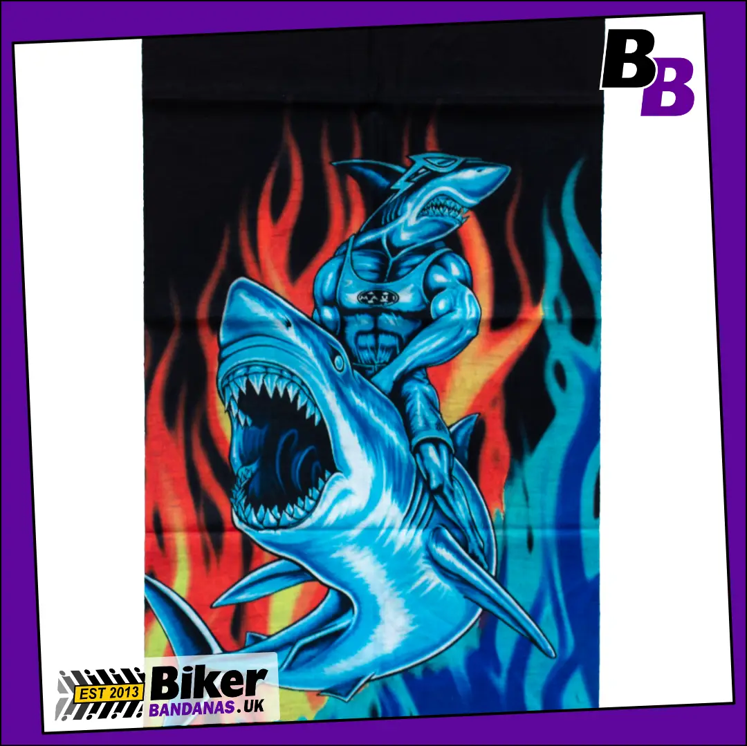 Fabric photo of Shark Warrior and Flames Neck Tube Bandana / Face Mask / Neck Gaiter
