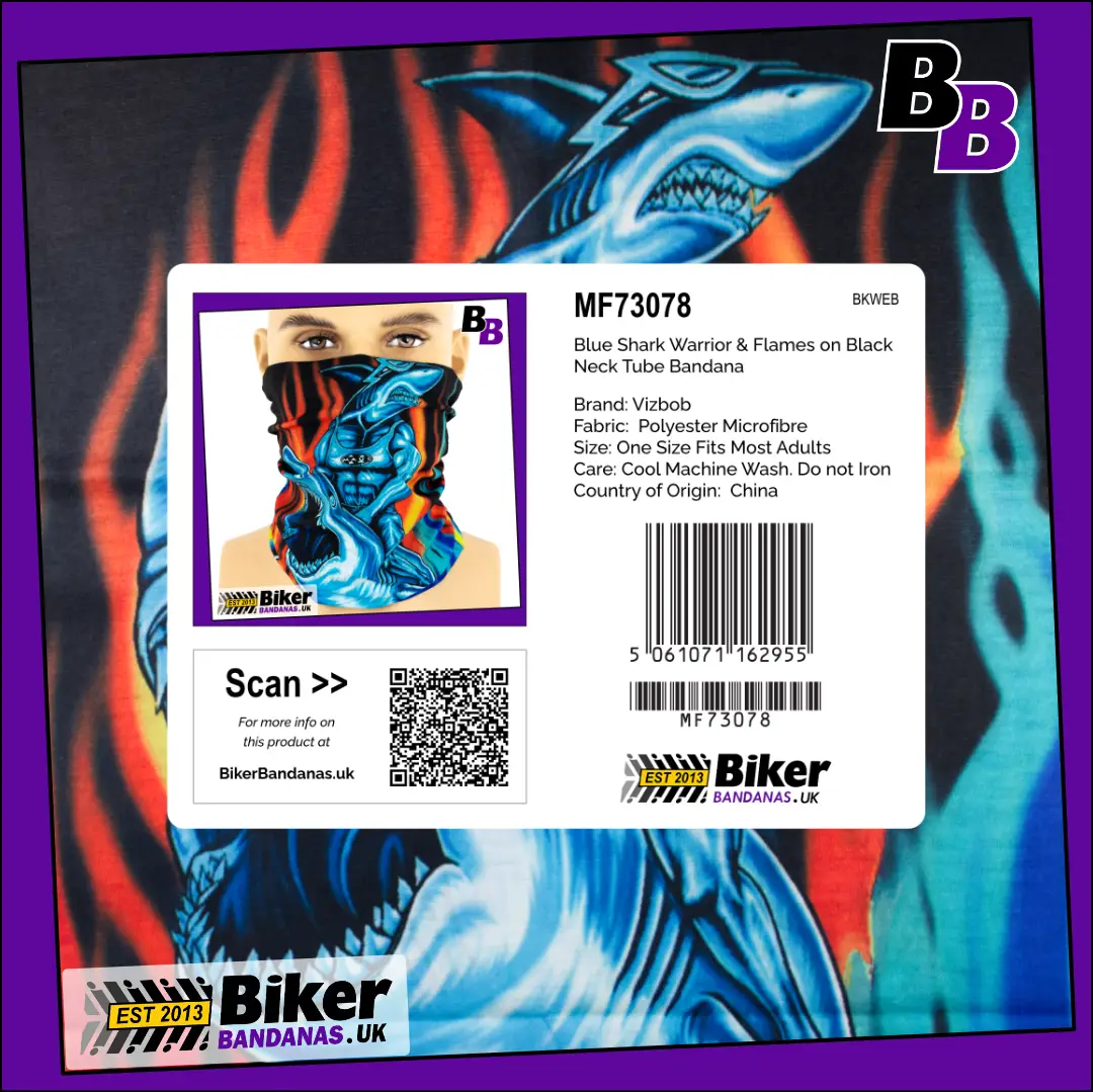 Retail packaging photo of Blue Shark Warrior and Flames Neck Tube Bandana / Neck Gaiter / Face Mask / Multifunctional Headwear / Neck Warmer