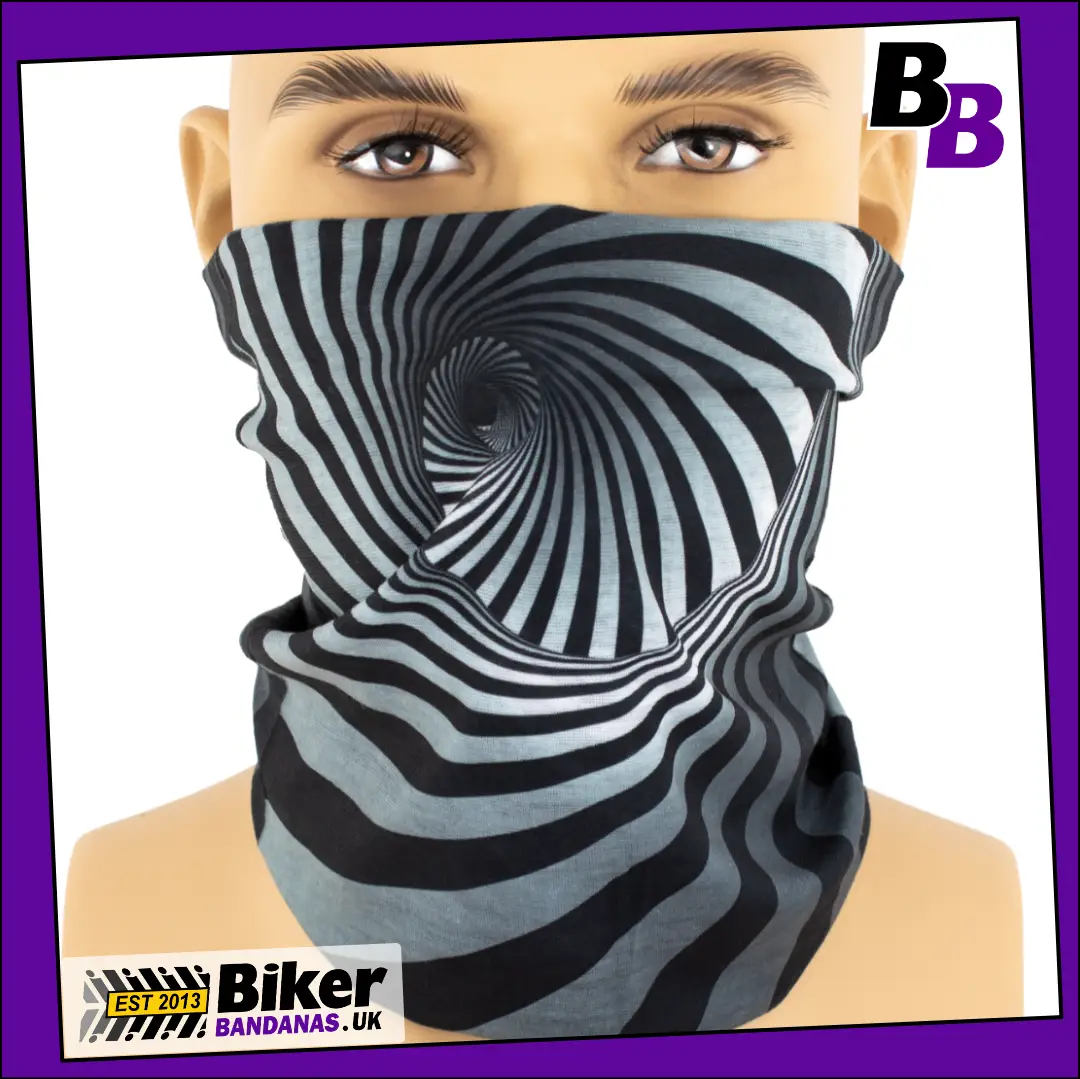 Black Grey White Vortex Spiral Neck Tube Bandana / Face Mask / Neck Gaiter