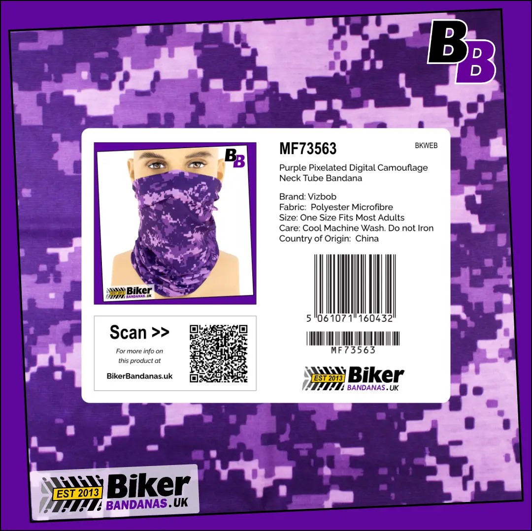 Retail packaging photo of Purple Pixelated Digital Camouflage Neck Tube Bandana / Neck Gaiter / Face Mask / Multifunctional Headwear / Neck Warmer