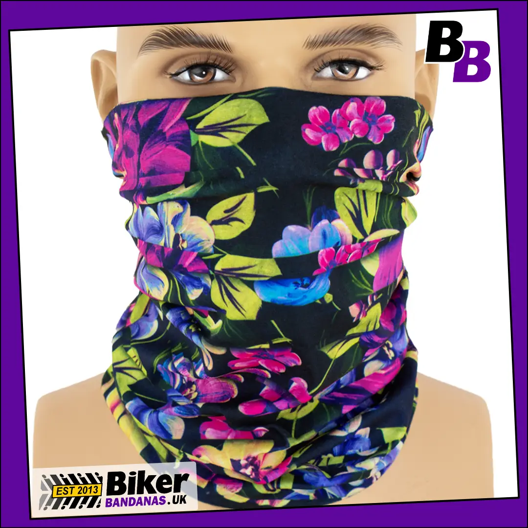 Vibrant Flowers on Black Neck Tube Bandana / Face Mask / Neck Gaiter
