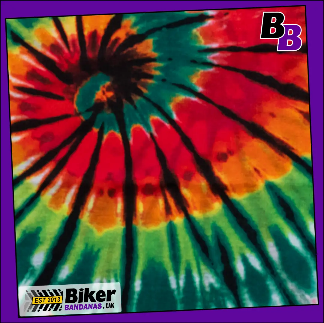 Closeup photo of Red Orange Green Spiral Tie-Dye Neck Tube Bandana / Neck Gaiter / Face Mask / Multifunctional Headwear / Neck Warmer