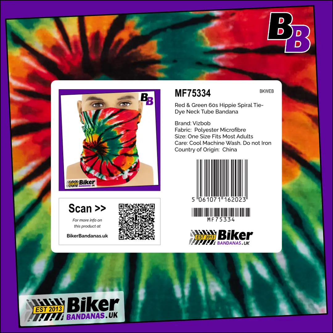 Retail packaging photo of Red Orange Green Spiral Tie-Dye Neck Tube Bandana / Neck Gaiter / Face Mask / Multifunctional Headwear / Neck Warmer