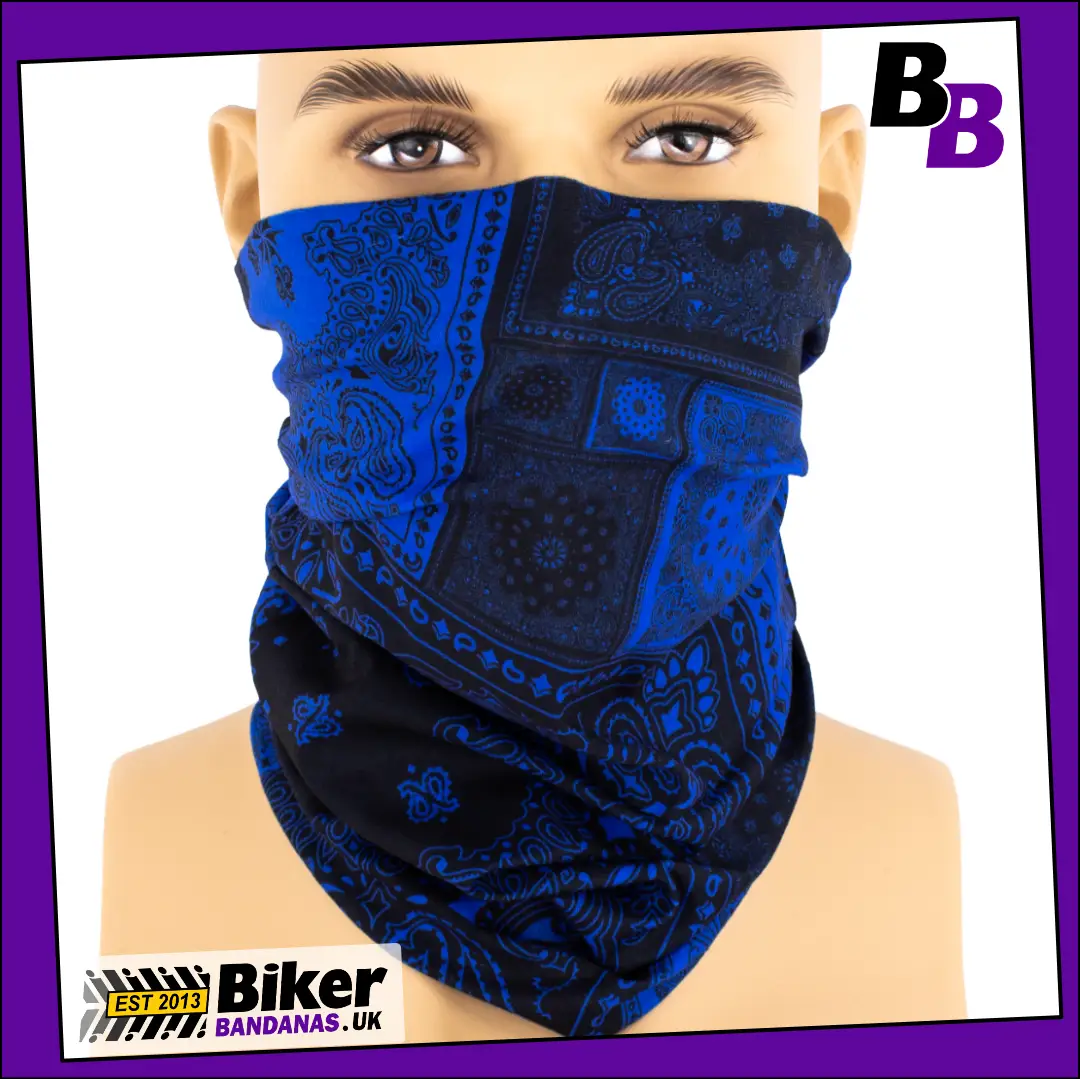 Blue and Black Paisley Squares Neck Tube Bandana / Face Mask / Neck Gaiter