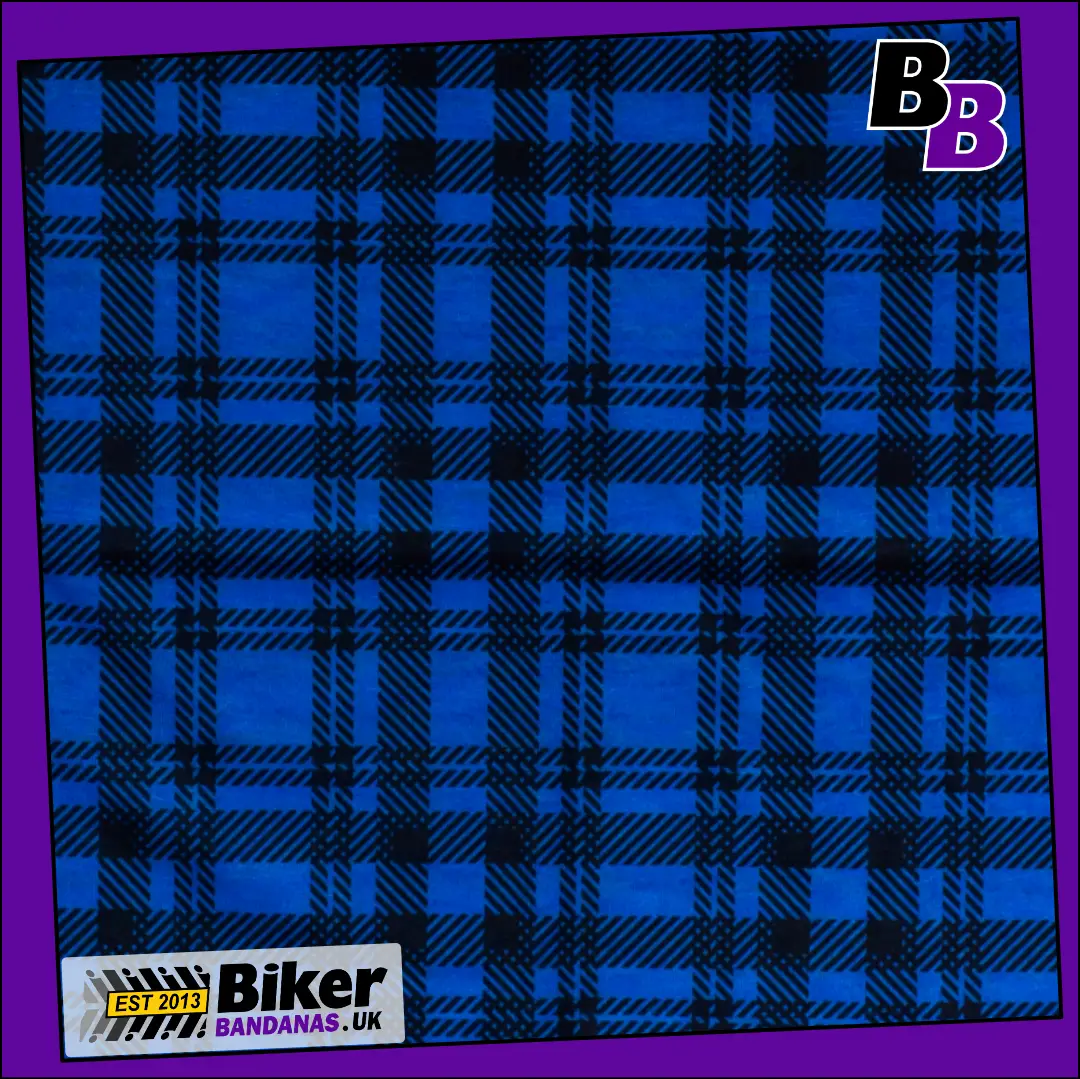 Closeup photo of Blue and Black Tartan Check Plaid Neck Tube Bandana / Neck Gaiter / Face Mask / Multifunctional Headwear / Neck Warmer