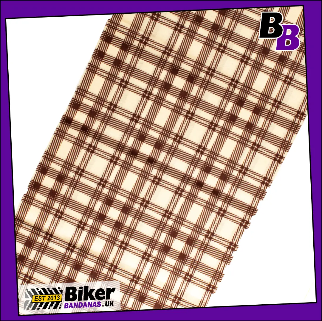 Fabric photo of Cream and Brown Tartan Check Plaid Neck Tube Bandana / Face Mask / Neck Gaiter