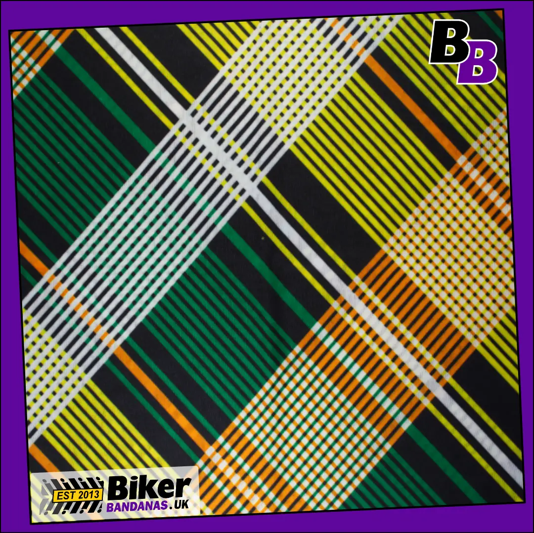 Closeup photo of Green Yellow and orange Tartan Plaid Neck Tube Bandana / Neck Gaiter / Face Mask / Multifunctional Headwear / Neck Warmer