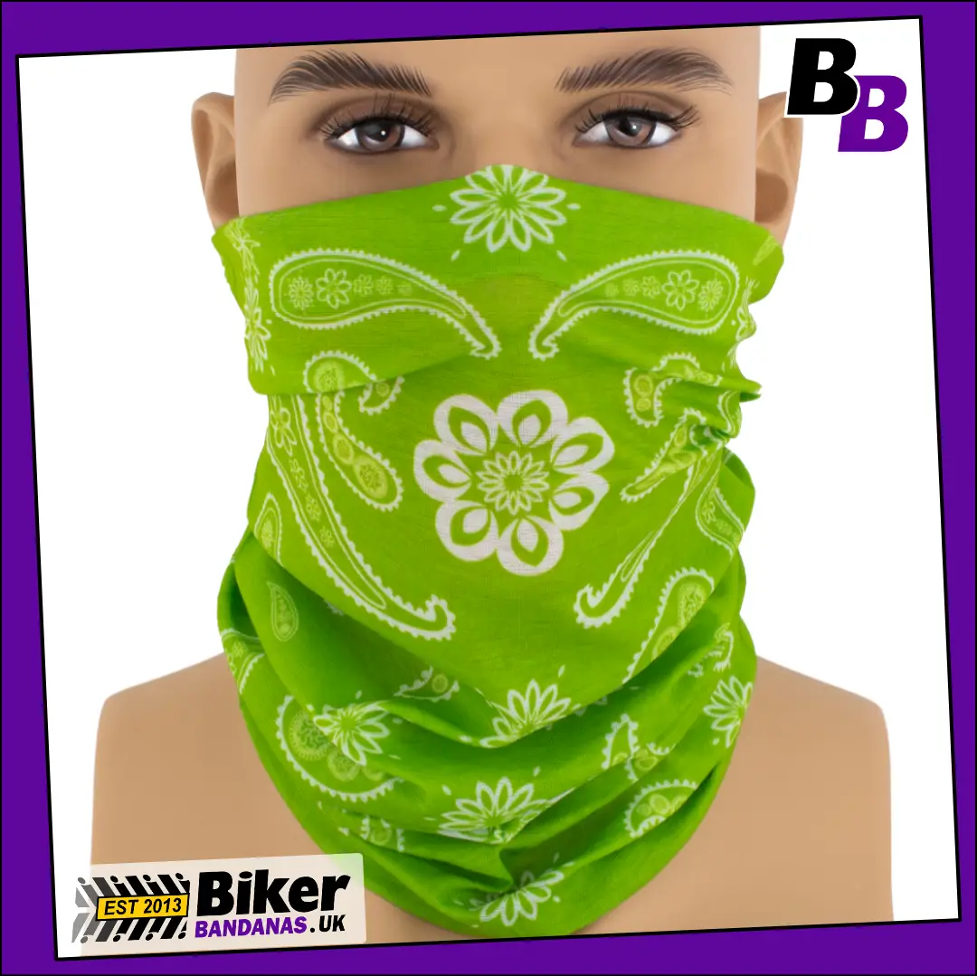 Lime Green Paisley Star Neck Tube Bandana / Face Mask / Neck Gaiter