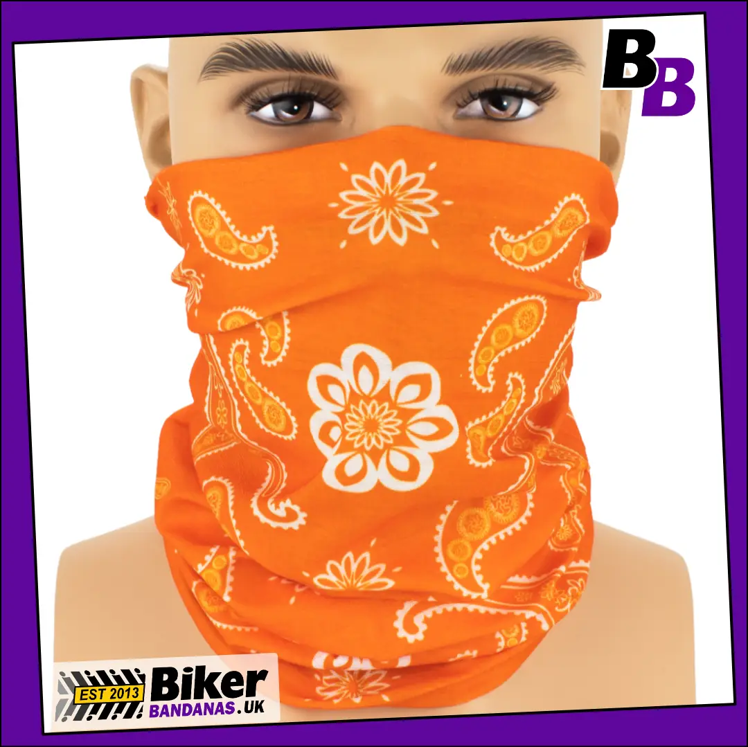 Orange Paisley Star Neck Tube Bandana / Face Mask / Neck Gaiter