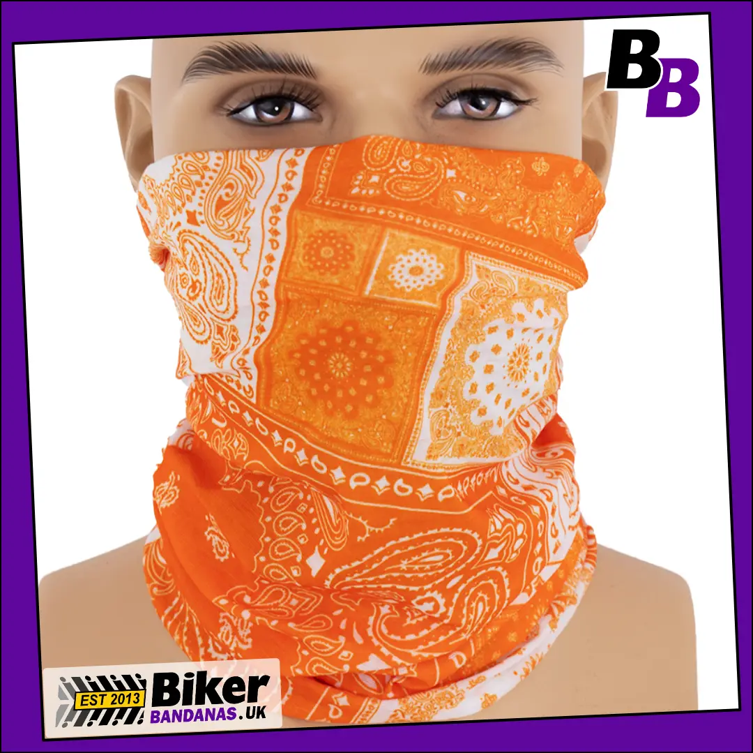 Orange and White Paisley Squares Neck Tube Bandana / Face Mask / Neck Gaiter
