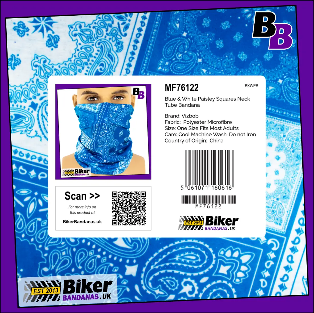 Retail packaging photo of Blue Paisley Squares Neck Tube Bandana / Neck Gaiter / Face Mask / Multifunctional Headwear / Neck Warmer