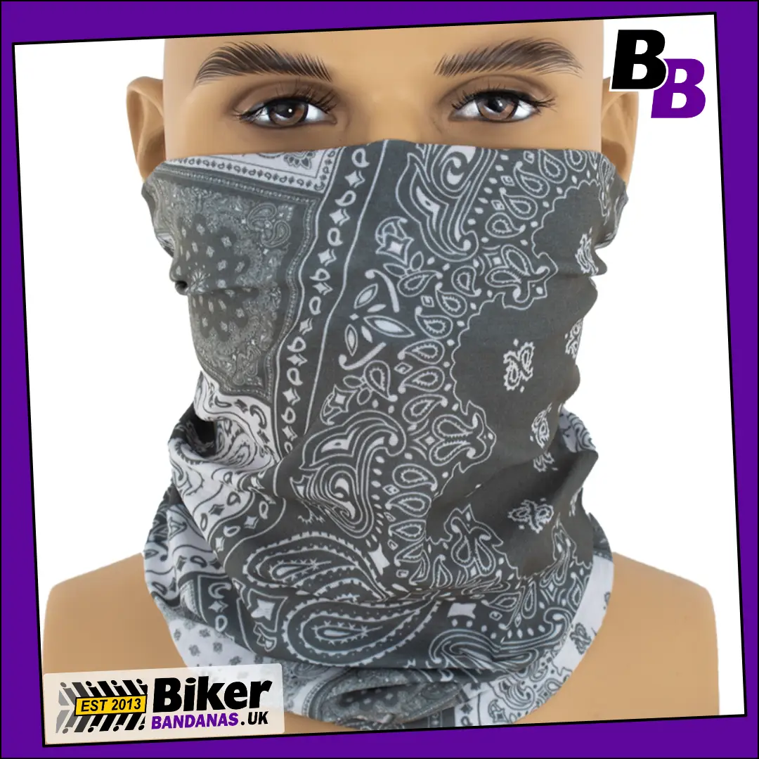 Grey and White Paisley Squares Neck Tube Bandana / Multifunctional Headwear