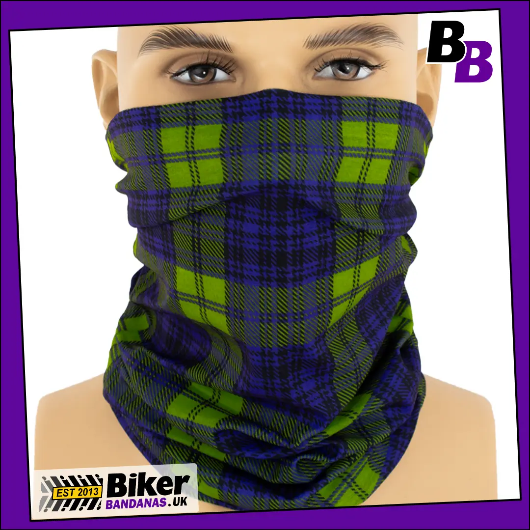 Traditional Lime Green and Purple Tartan Plaid Neck Tube Bandana / Face Mask / Neck Gaiter