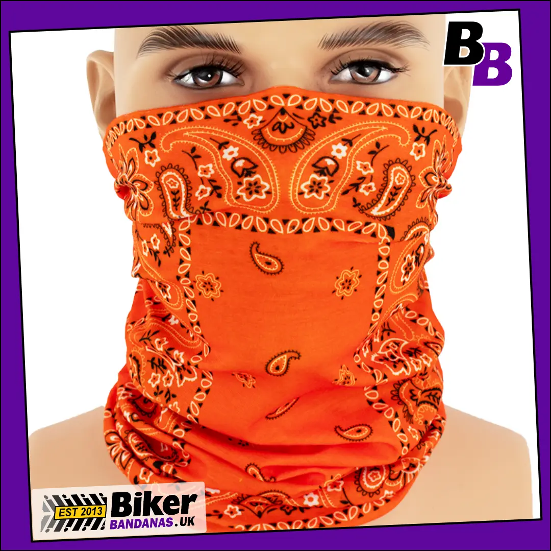 Orange Paisley Border Panel Neck Tube Bandana / Face Mask / Neck Gaiter