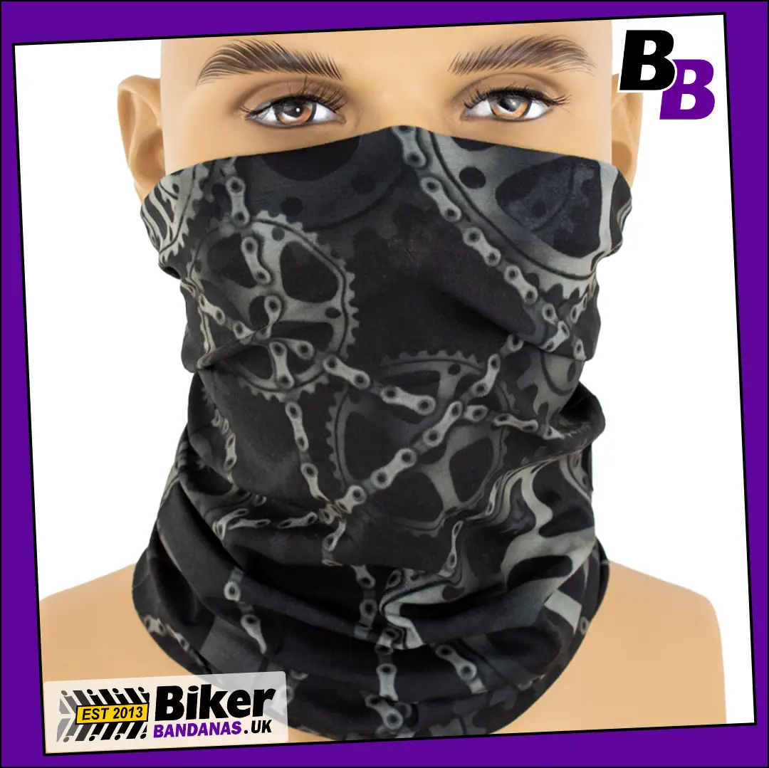Black Grey Bike Chains Gears Cogs Neck Tube Bandana / Face Mask / Neck Gaiter
