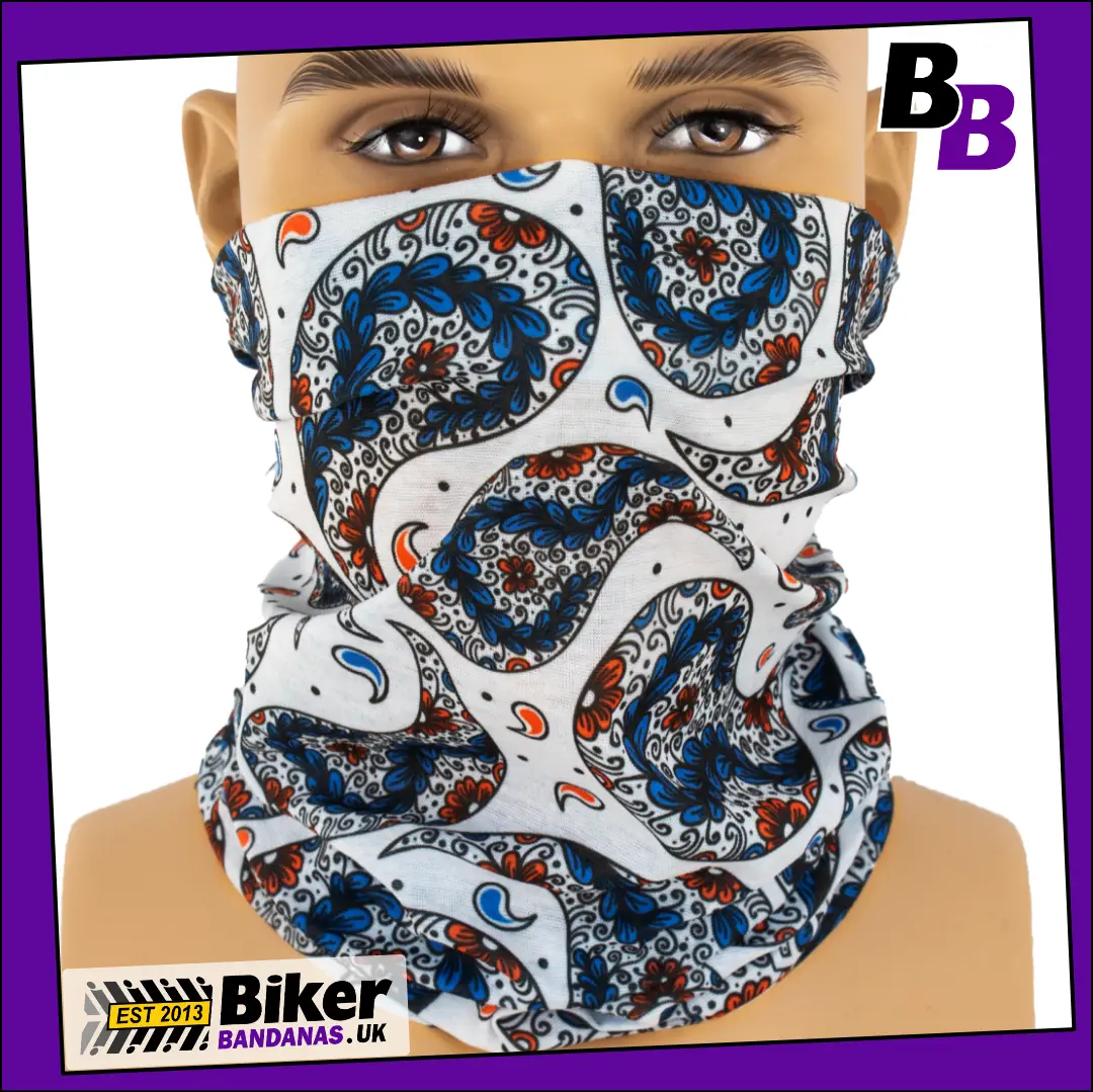 White Pyjama Paisley Neck Tube Bandana / Face Mask / Neck Gaiter
