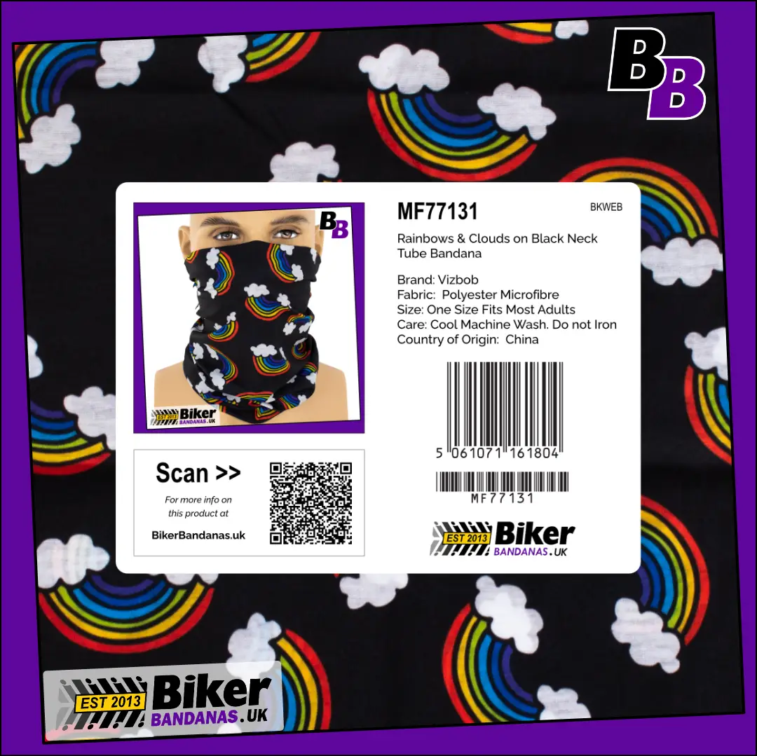 Retail packaging photo of Rainbows and Clouds on Black Neck Tube Bandana / Neck Gaiter / Face Mask / Multifunctional Headwear / Neck Warmer